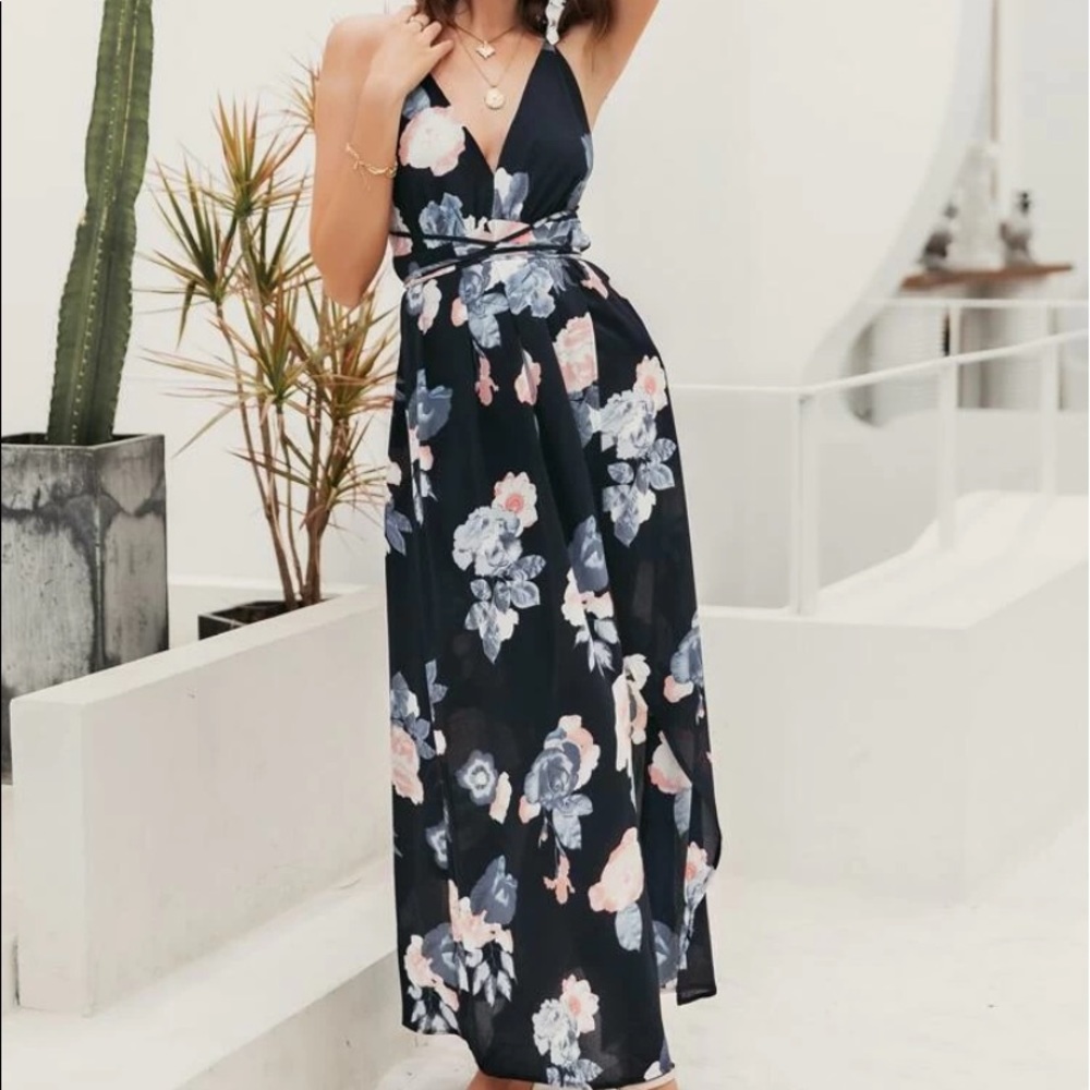 Boho floral print split thigh maxi dress